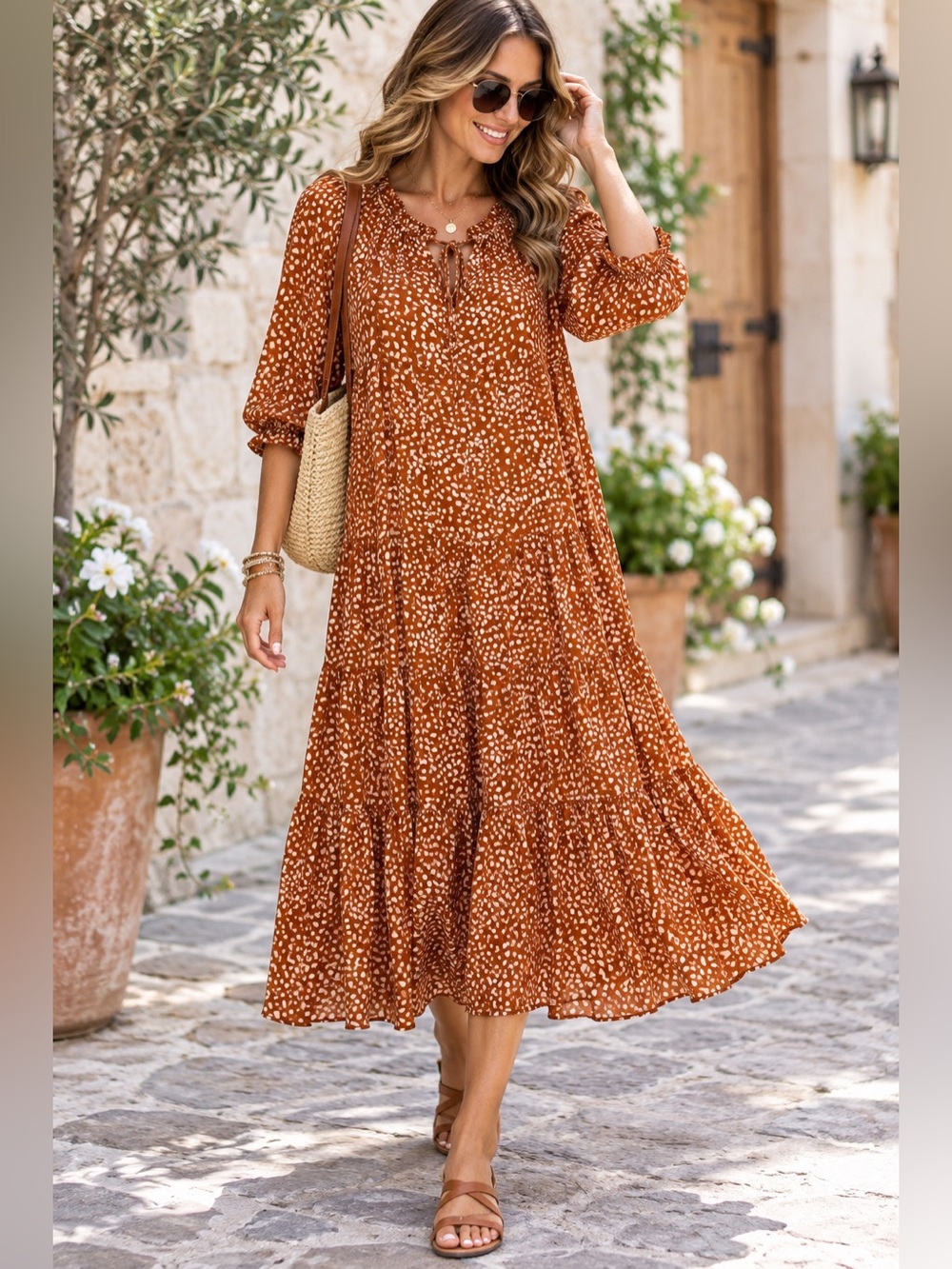 Easel Los Angeles Rust Dot Midi Dress with Smocked Neck Tie Size S Boho Fall